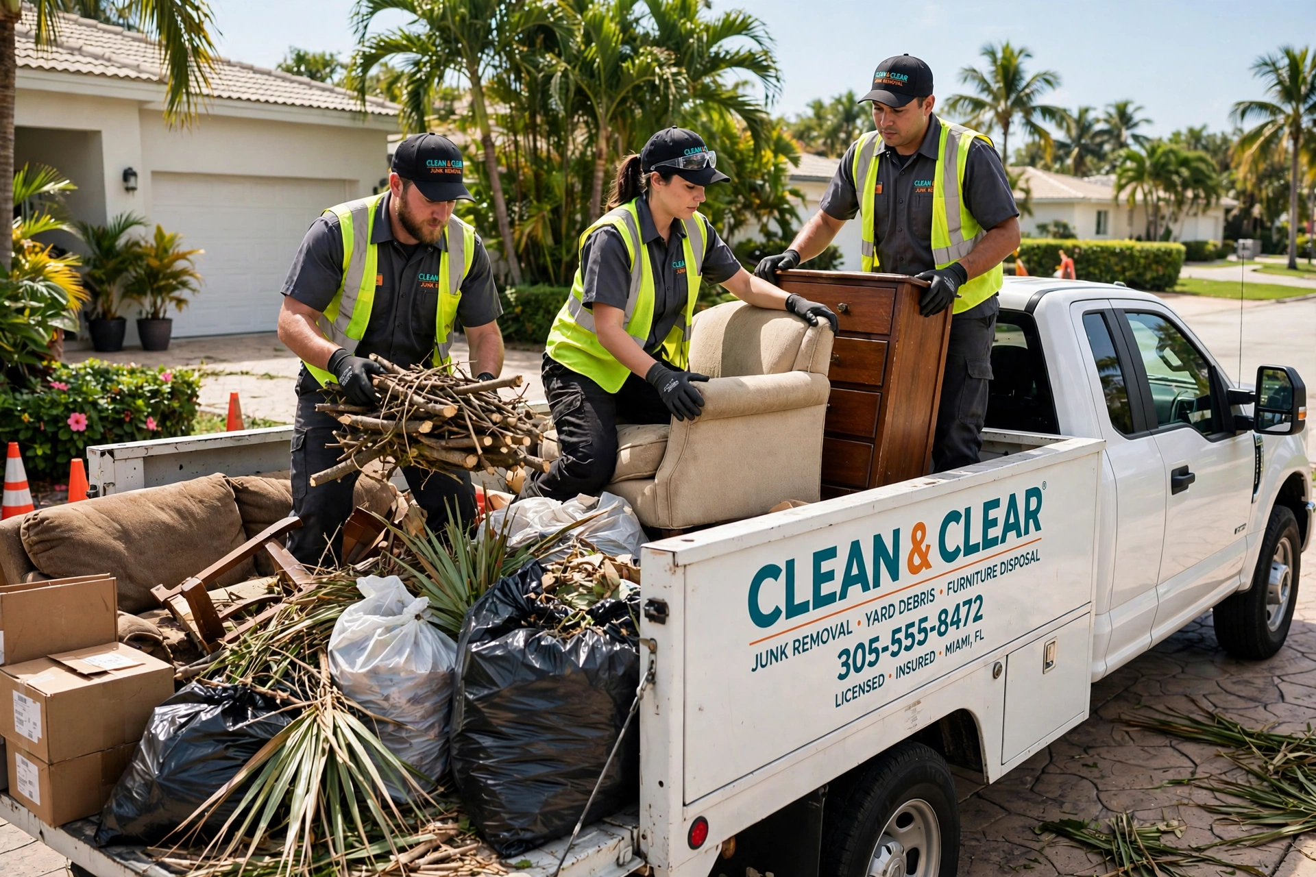 Crew loading debris into a work truck