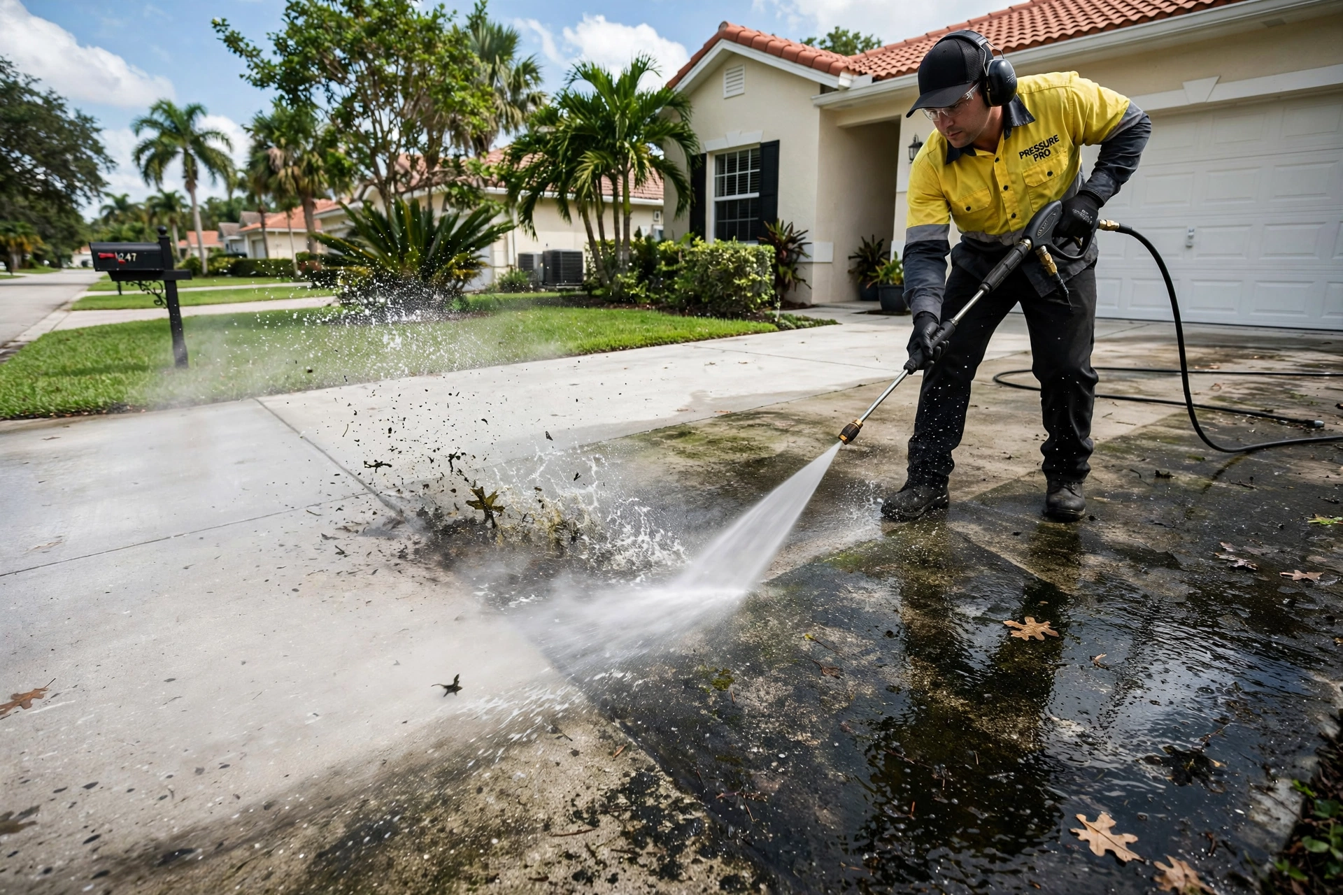 Technician pressure washing a driveway clean